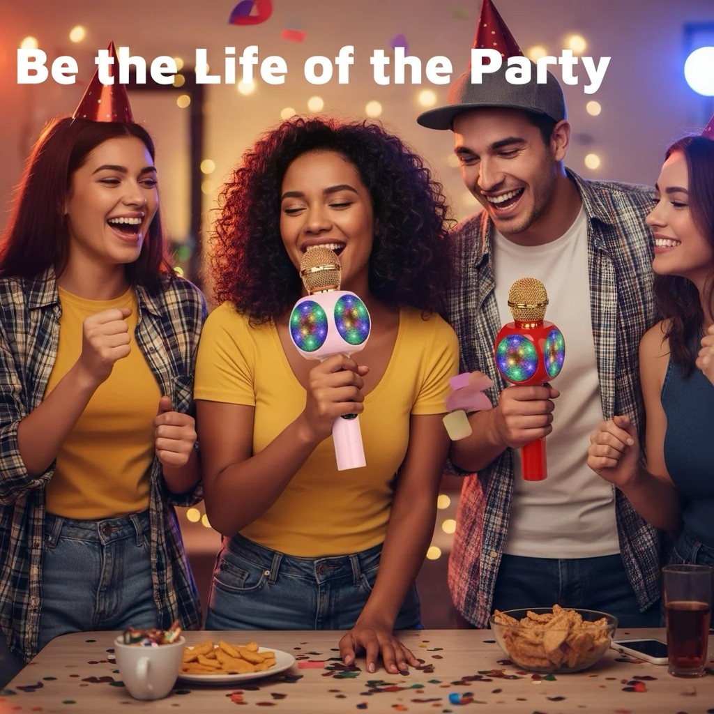 Magic Voice Karaoke Microphone, Wireless Bluetooth Speaker with 4 Voice Changer, Colorful LED