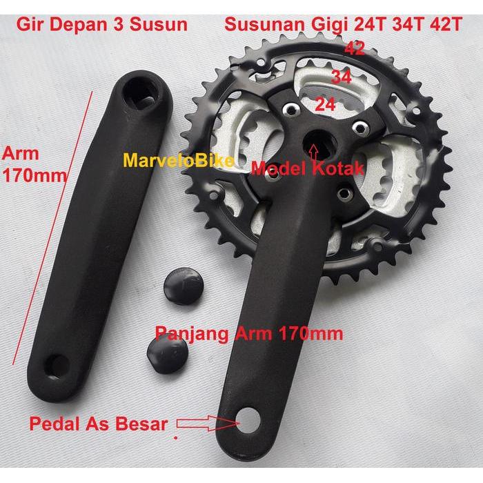 Crank Gir Sepeda MTB 3 Susun 24T-34T-42T Alloy
