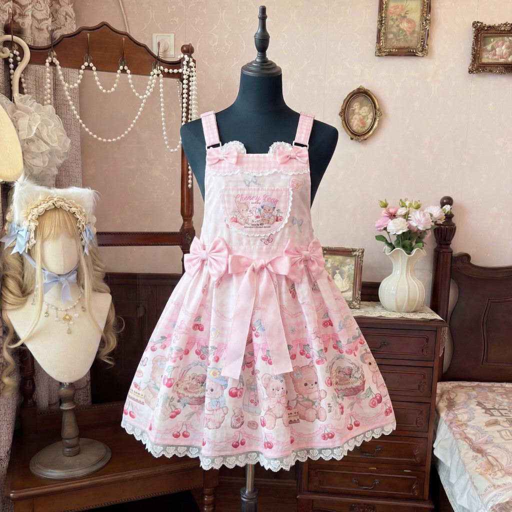 Original Japanese Lolita Style Strap Dress Jsk Summer New Cute Bow Bear Print Kawaii Mini Dress