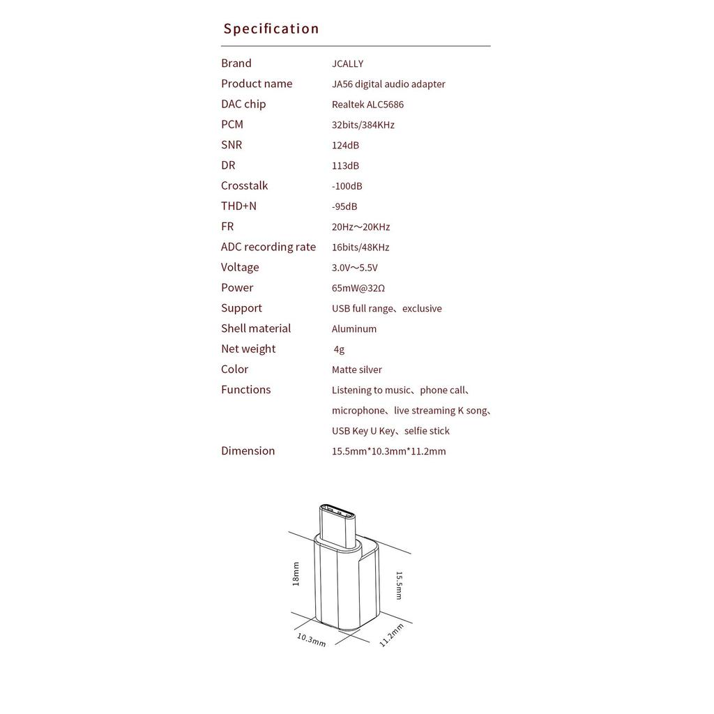 JCALLY JA56 Android Audio Dongle ADC AMP 32 bit 384Khz