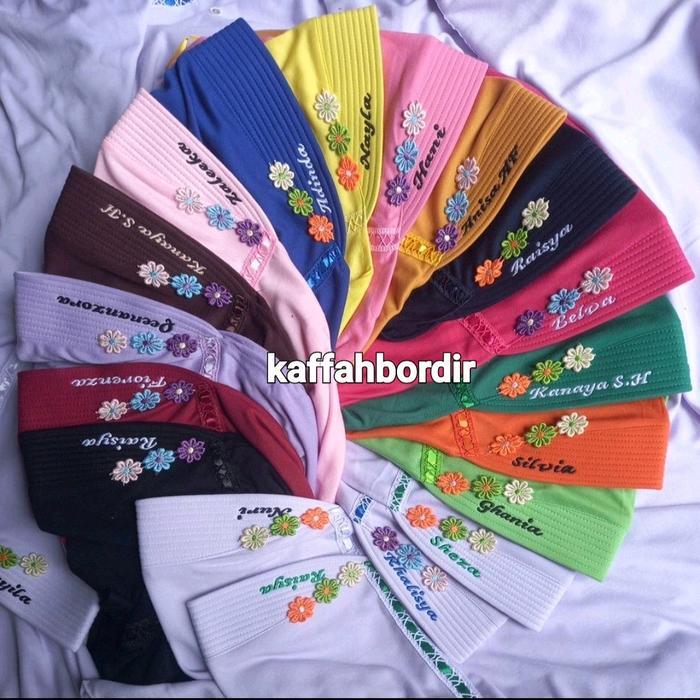 Kerudung Anak Muslim Riquest Bordir Nama Motif Variasi Bunga Hijab Serut Pita Jilbab Bergo Instan