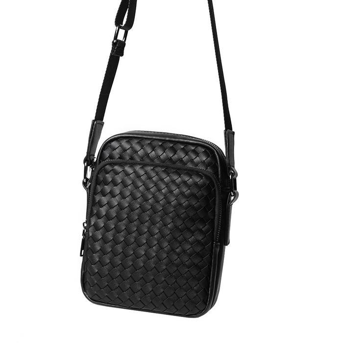 Aerostreet - Tas Selempang Kulit Pria Tas Kulit Cowok Anyaman Hitam Dellon