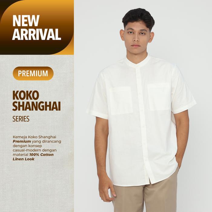 Erigo Koko Shanghai Premium Short Sleeve Bashar White - Baju Koko Lengan Pendek Premium Katun Linen
