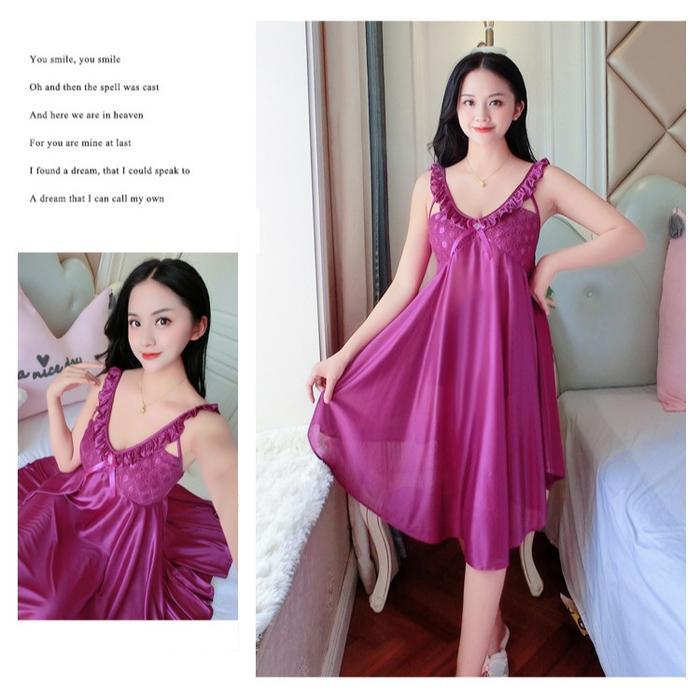 "New" Piyama Lingerie Wanita Dewasa Sexy Anggun Lingerie Sexy Dress BabyDoll + G String Fit Satin