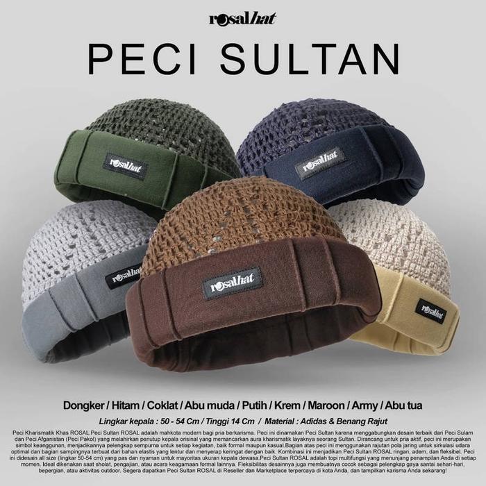 Sale Rosal Peci Rajut Sultan Pria - Songkok Kopiah Rajut Dewasa Polos - Abu Hitam - Peci Haji Rosal