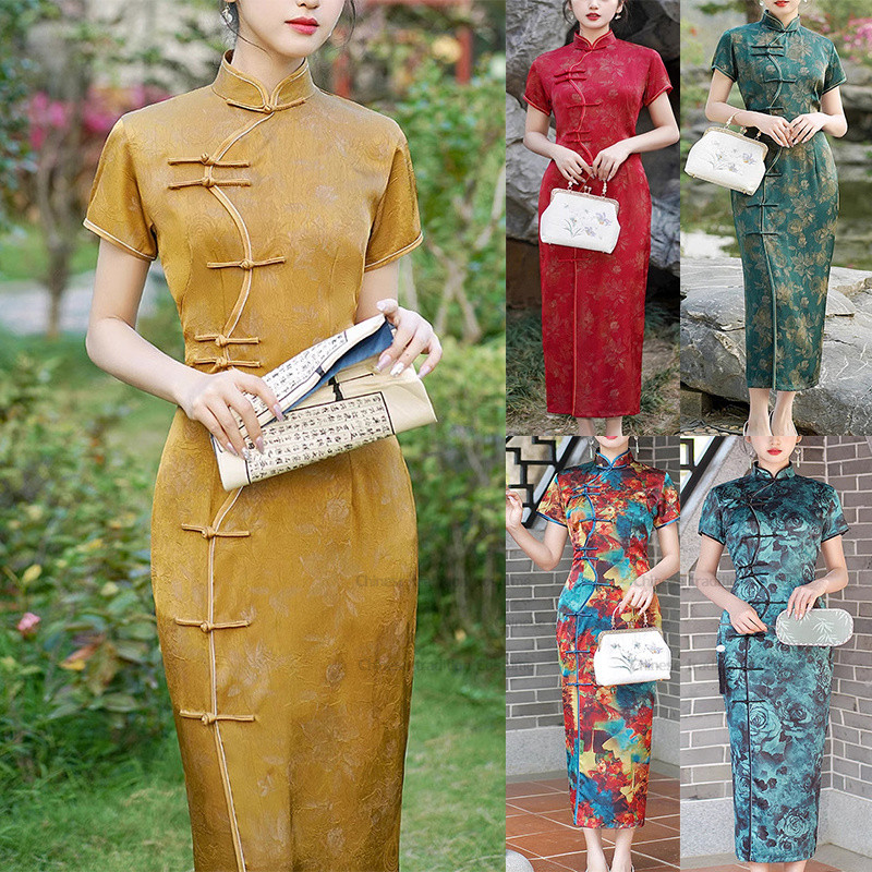 Print Cheongsam Improved Chinese Dress Women Satin Qipao Mujer Plus Size 3Xl 4Xl 5Xl Vestidos Long