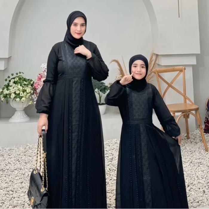 cnm GAMIS ABAYA TURKEY HITAM BORDIR SAFIRA TANGAN BALON COUPLE IBU DAN ANAK