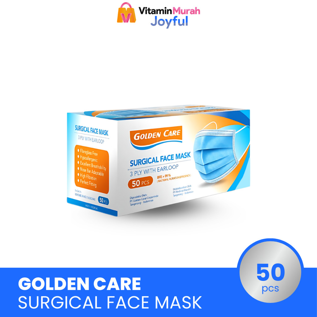 MASKER GOLDEN CARE 3 PLY WITH EARLOOP BFE 99 % 1 BOX ISI 50 PCS