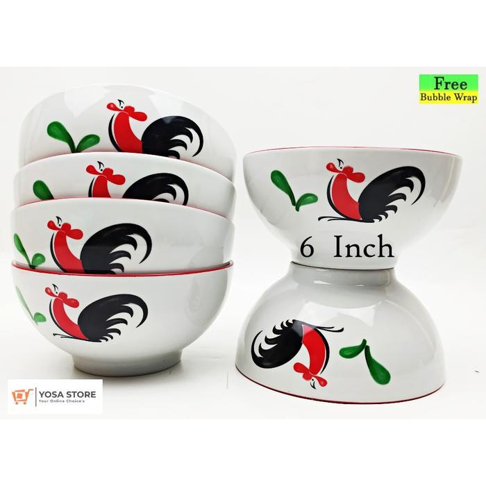 Mangkok Keramik Bakso Motif Ayam Jago 6 Pc Tebal Grade A