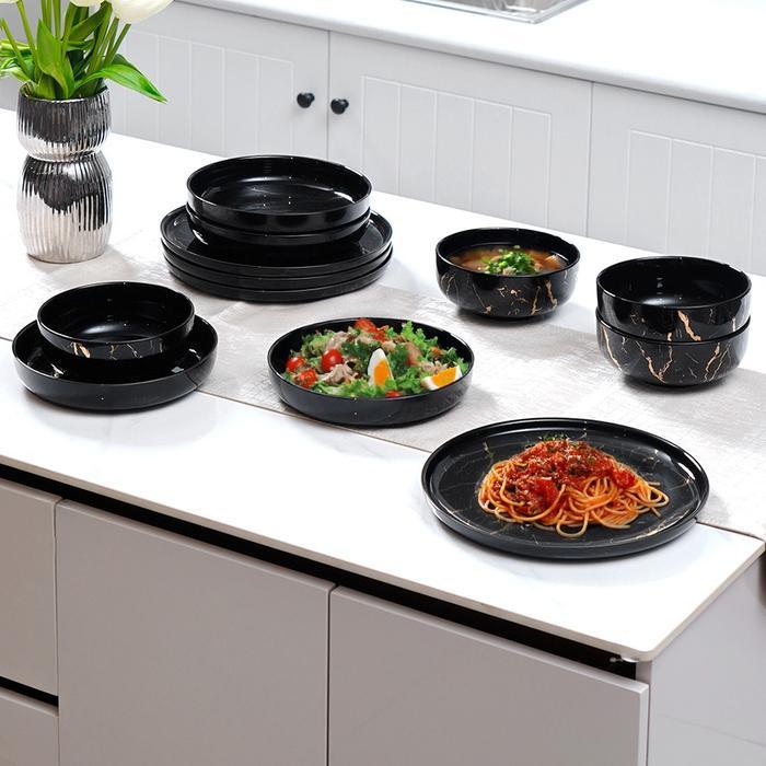 JMP Appetite Set 12 Pcs Allen Perlengkapan Makan Marble - Hitam Peralatan Saji Piring Makan Mangkok