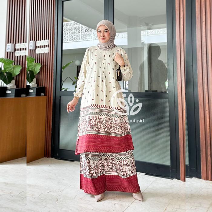 READY One Set Tunik Velocity Rayon Batik Premium Jumbo Rempel Busui Adem Nyaman Atasan Bawahan