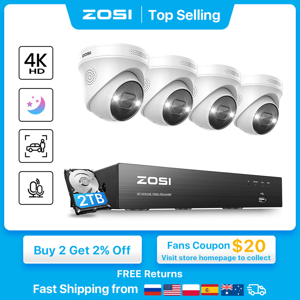 ZOSI 4K PoE Video Surveillance Cameras System 8CH Expand 16CH NVR Kit 2-Way Audio Out/Indoor 8MP/5MP
