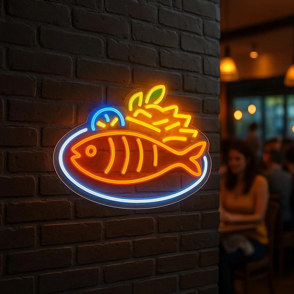 Fish Fry Neon Sign, Your Restaurant Wall Decor Sign, Fried Fish with Beer Neon Sign, Fish with Lemon