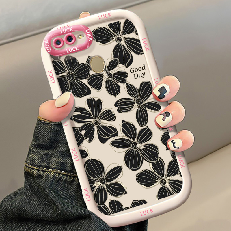 Casing Hp untuk OPPO A7 A5s A12 A12s A11K Case Casing pola bunga hitam Kasing HP Kesing Silikon Soft