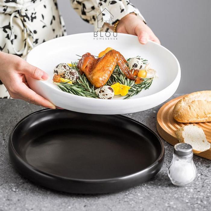 Piring Keramik Putih Hitam Bentuk Bulat Oval Unik Simple Aesthetic