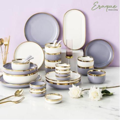 Lilac Gold Dining Set 18 Pcs / Set Piring Keramik Ungu Emas Alat Makan 4 Orang Mewah