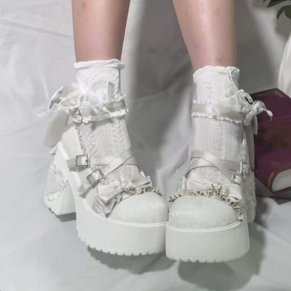 Pinkey P418 Lolita Platform Heels Sepatu Kawaii Renda & Pita Pastel Pink/Putih/Biru Hak Tinggi 9Cm