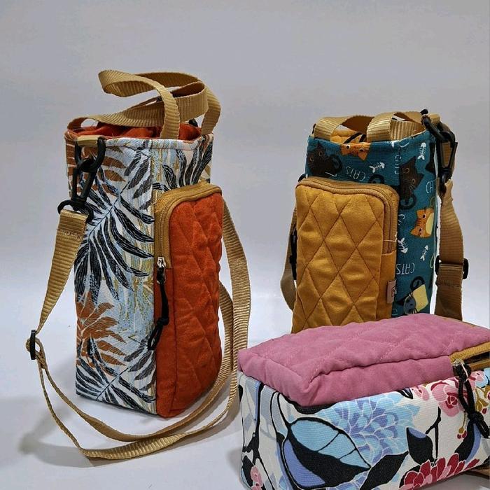 Tas Botol Minum Kantong Hp Bahan Kanvas Kombinasi Kain Suede Polos Penutup Tali Serut dan Resleting