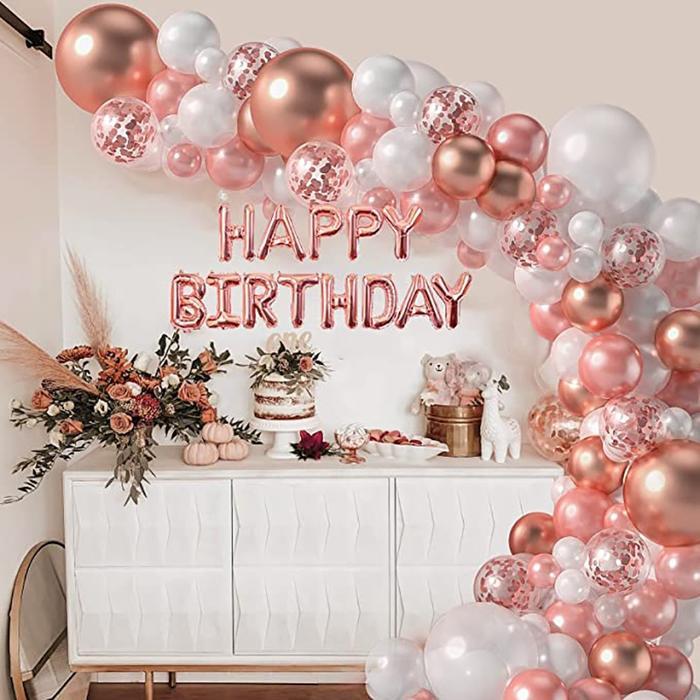 123 Pc Balon Garland Rose Gold Happy Birthday Balon Latex Set Dekorasi Terpercaya