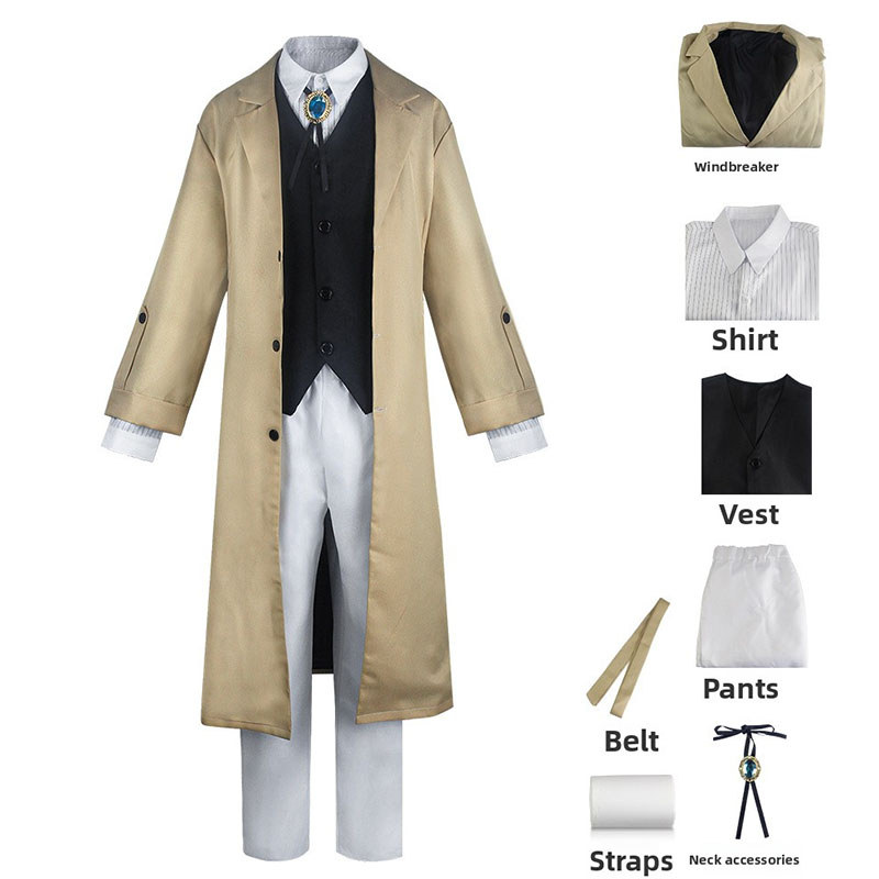 HOMCHEE TRENDS COS DETECTIVE DAZAI OSAMU FULL COSPLAY COSTUME TRENCH COAT SHIRT VEST PANTS FOR ANIME