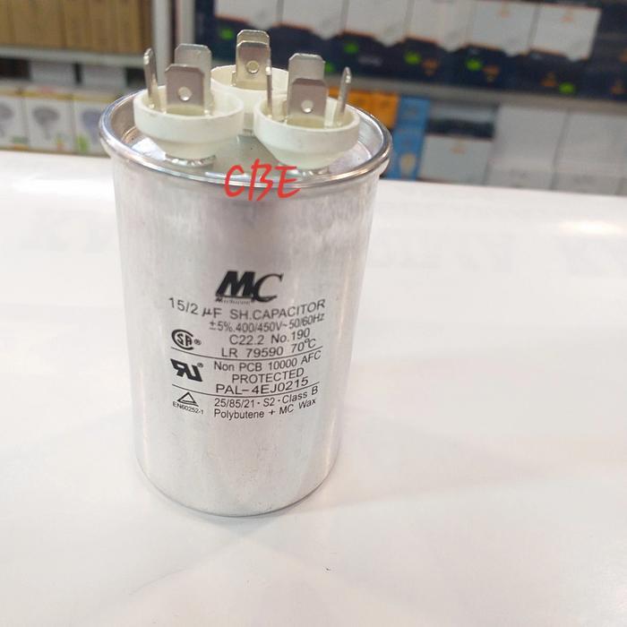 kapasitor 15 + 2 uf merk mc 400/500v- 50/60 hz