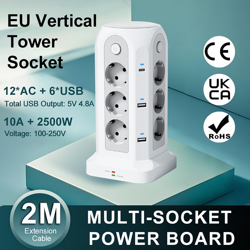 MULTIFUNCTIONAL POWER TOWER SOCKET12 AC 4 USB A 2 USB C PORTS INDEPENDENT CONTROL SWITCH DESIGN USB