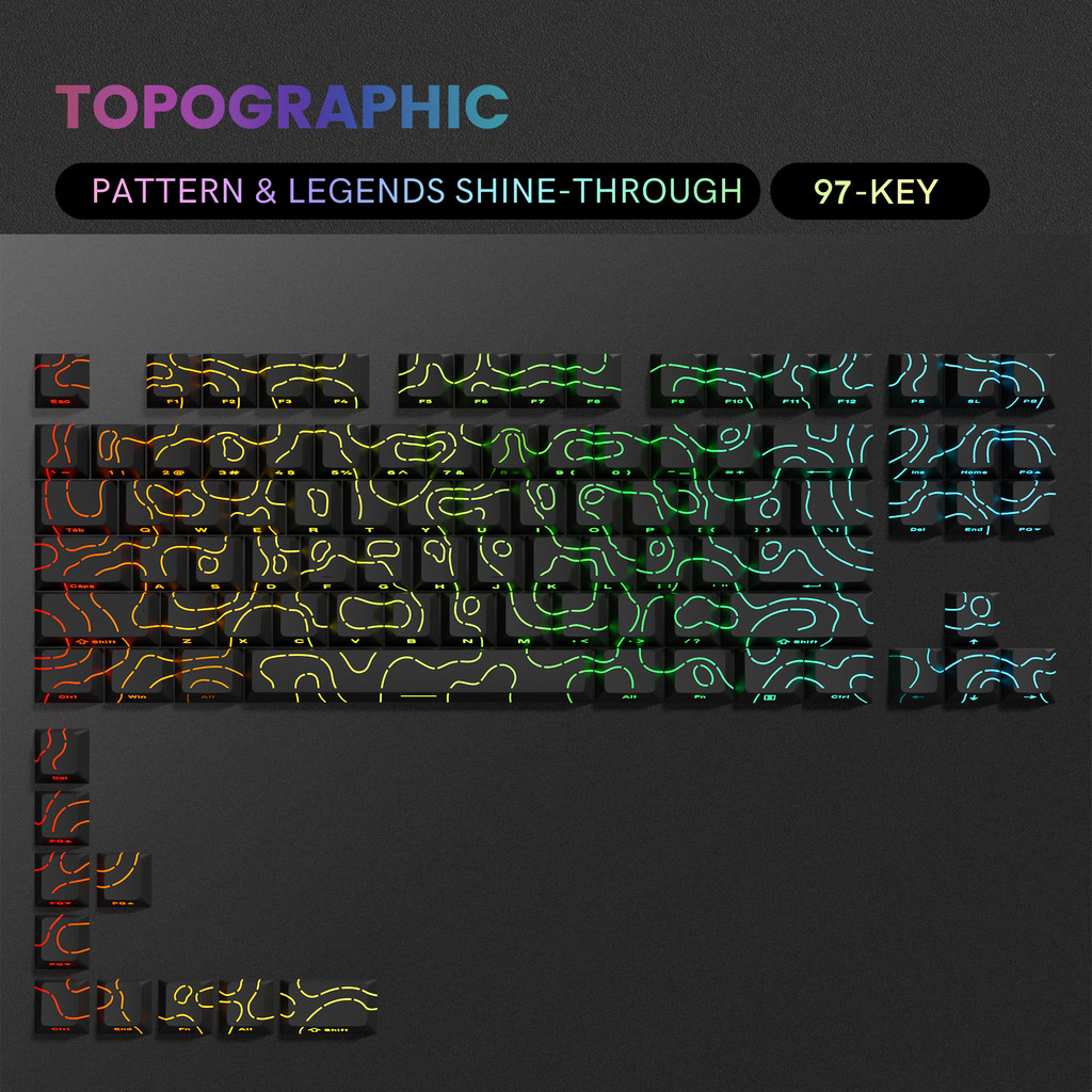 RGB Backlit Keycaps Cherry Profile Black Topographic 4.0 Side-lit Double Shot PBT Keycaps for Cherry