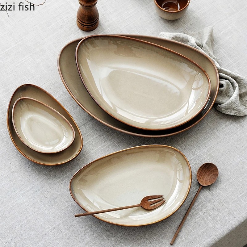 Kiln Change Triangle Deep Plate Ceramic Sushi Dim Sum Dish Salad Plate Sashimi Dish Thick Soup Plate