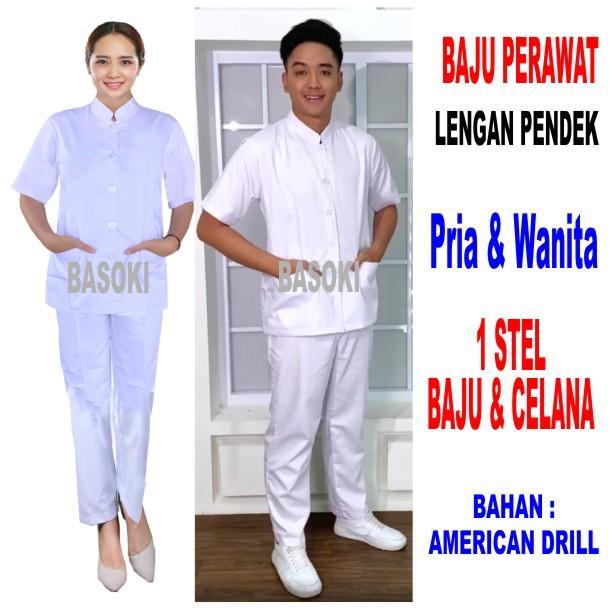 TERLARIS Baju Perawat Lengan Panjang Perawat Lengan Pendek Pria Wanita Seragam Perawat Putih Baju