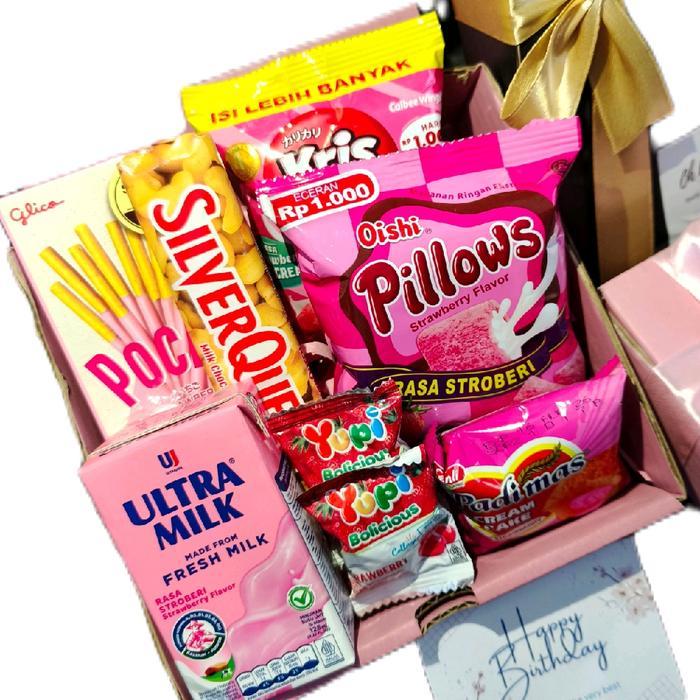 Kado Snack Box Pink Gift Sets Hampers Ulang Tahun Wisuda Graduation Bebas Request Ucapan Hitam