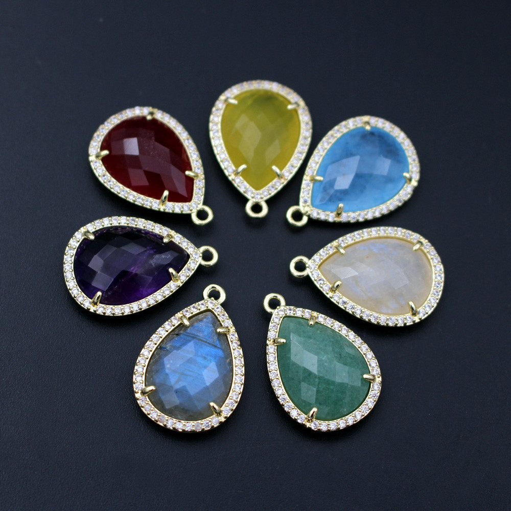 6pcs Teardrop Faceted Natural Amazonite Labradorite Stone CZ Drops Pendant Charms DIY for Women