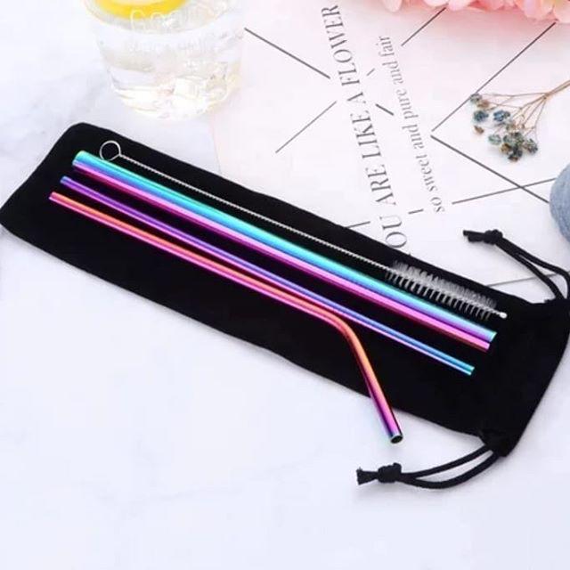 Sedotan Stainless Premium set 5pcs - Rainbow