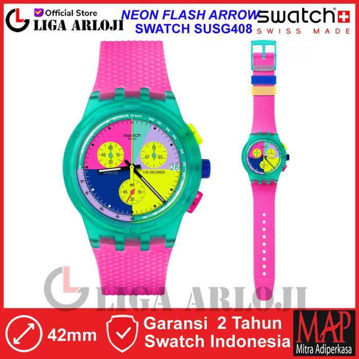 Sedia SWATCH SUSG408 NEON FLASH ARROW Jam Tangan Unisex Analog Chrono Swiss
