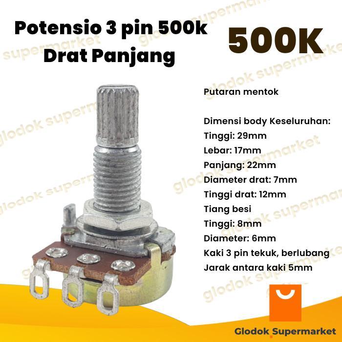 Potensio Gitar 3 pin 500k Drat Panjang Mono Kaki 3 Tekuk 504