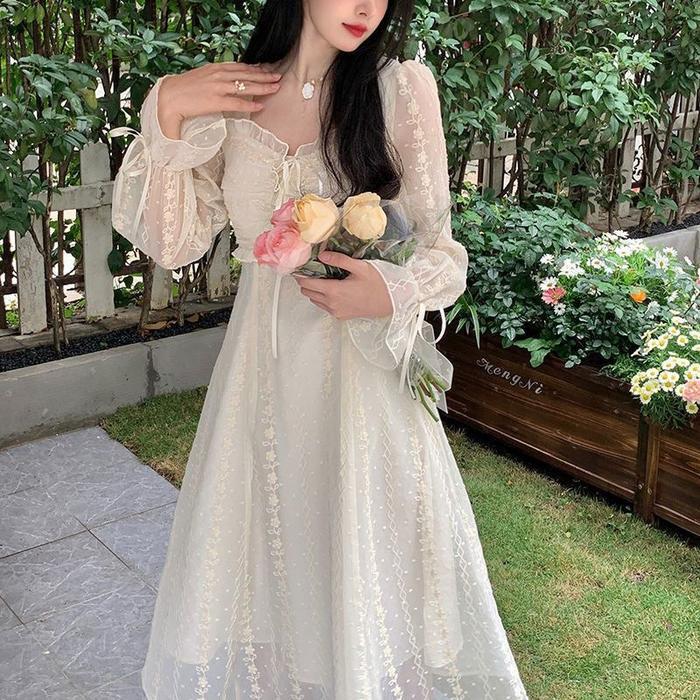 Dress Midi Cream Wanita Lengan Pendek Dan Lengan Panjang Kondangan Brukat Gaun Pesta Mewah Casual