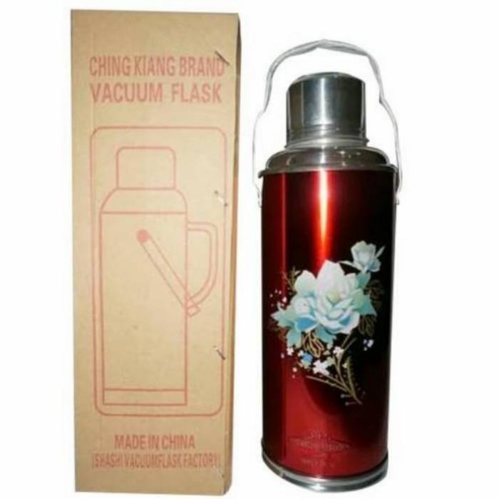 Termos Air Panas Jadul Kaleng Rrt Ching Kiang 2 Liter/ Termos Tuang Air Panas Vacuum Bunga Jadul 2L
