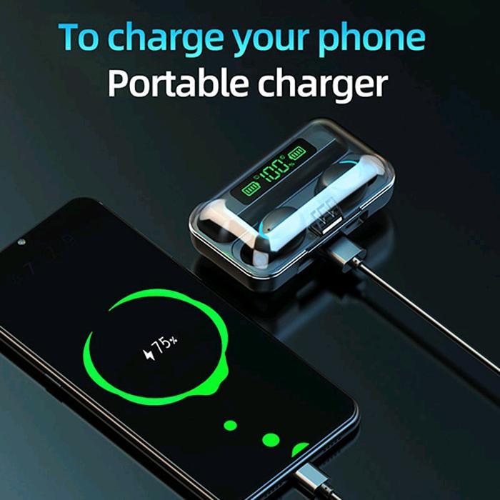 "New" EWAA TWS F9-5 EARPHONE BLUETOOTH SMART DISPLAY WITH 3500 MAH POWER BANK Bass Hitam Headset