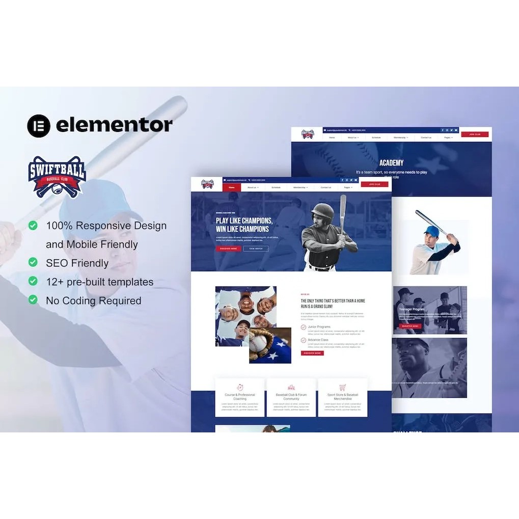 SwiftBall – BaseBall Team & Sport Club Elementor Pro Template Kit