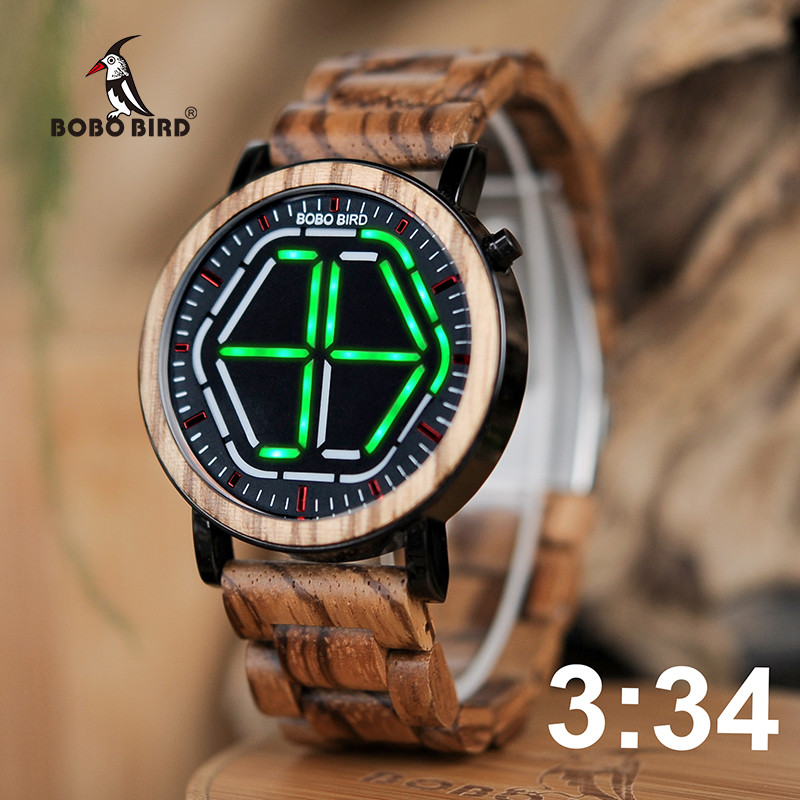 BOBO BIRD Wood Digital Watch Men erkek kol saati Night Vision Wooden Watches LED Time Display