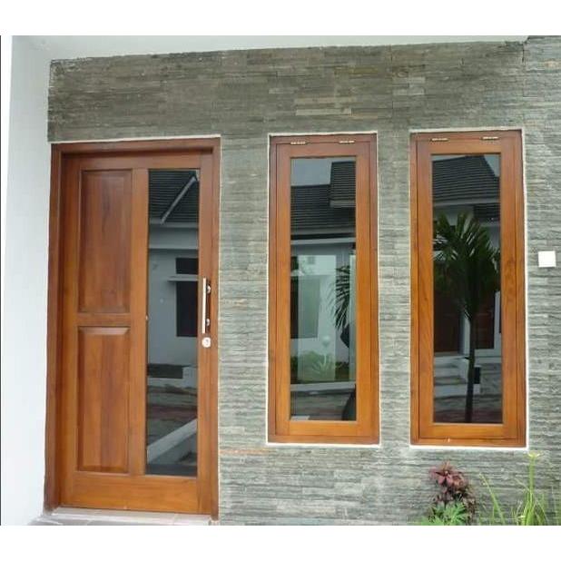 Set Pintu depan dan Jendelai termasuk Kusen & Kaca Kayu Jati & Mahoni - Jati