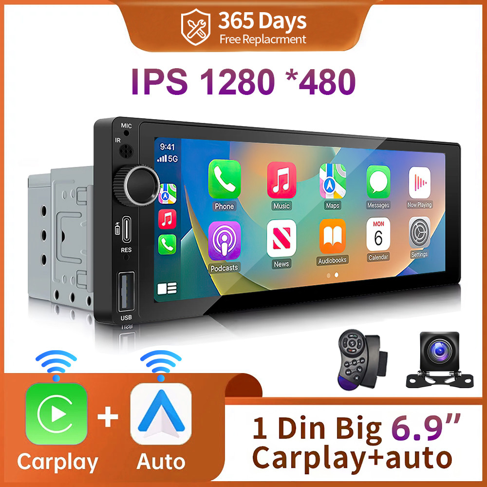IPS 6.9 Inch 1Din Wireless Or wired Carplay Android Auto Car Radio Multimedia MP5 Player 1 Din DVD