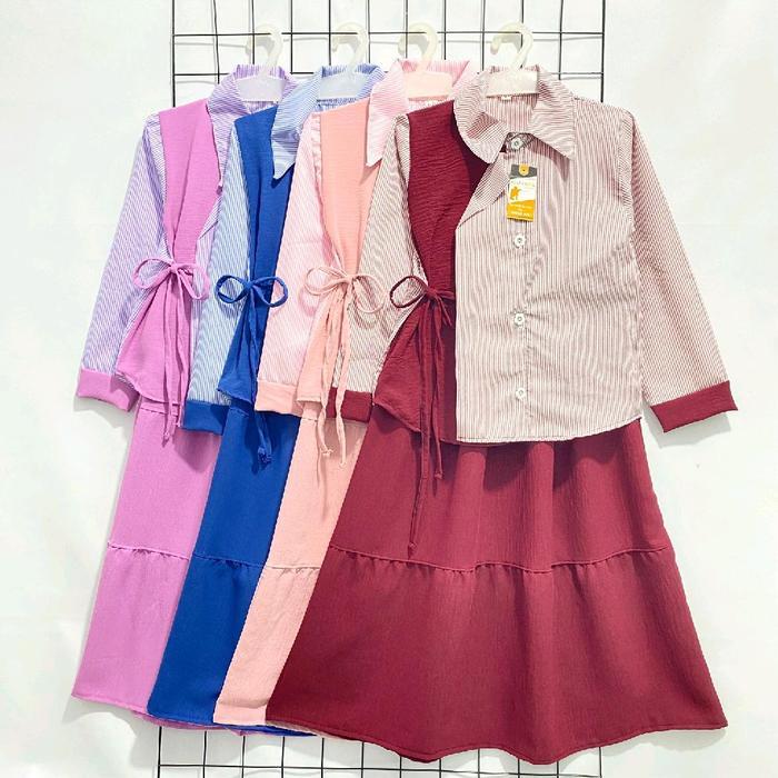 Set Rok Kemeja Salur Anak Ii Yora Setrok 2-12 Tahun Bahan Crinkle Kombinasi I Rok Susun Anak Set Rok