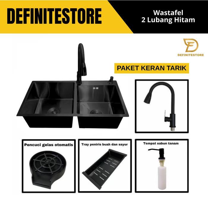 Kitchen Sink 2 Lubang Wastafel Bak Cuci Piring Hitam Dua Lubang Stainless Sus 304 Tebal Dan Anti