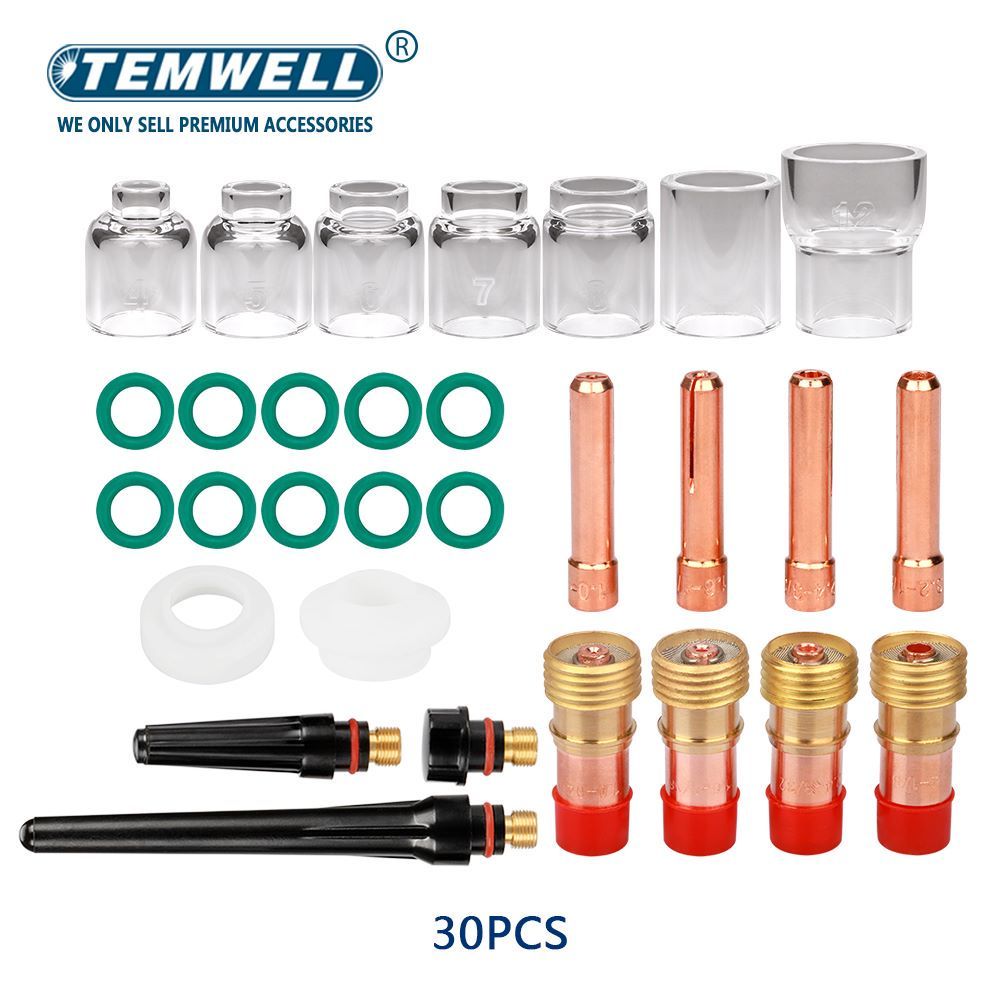 30Pc TIG Welding Torch Accessories Stubby Gas Lens 4#~12# Pyrex Glass Cup Kit For WP-17/18/26 Torch