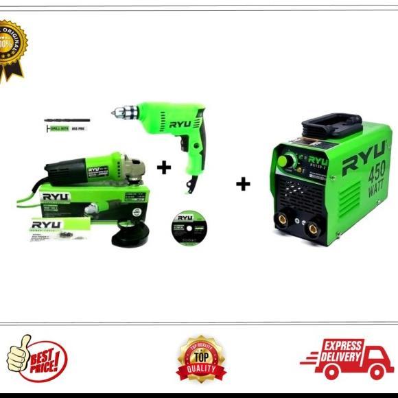 Ryu Paket Bundling Mesin Las 450 Watt, Bor 10mm Dan Mesin Gerinda 4"