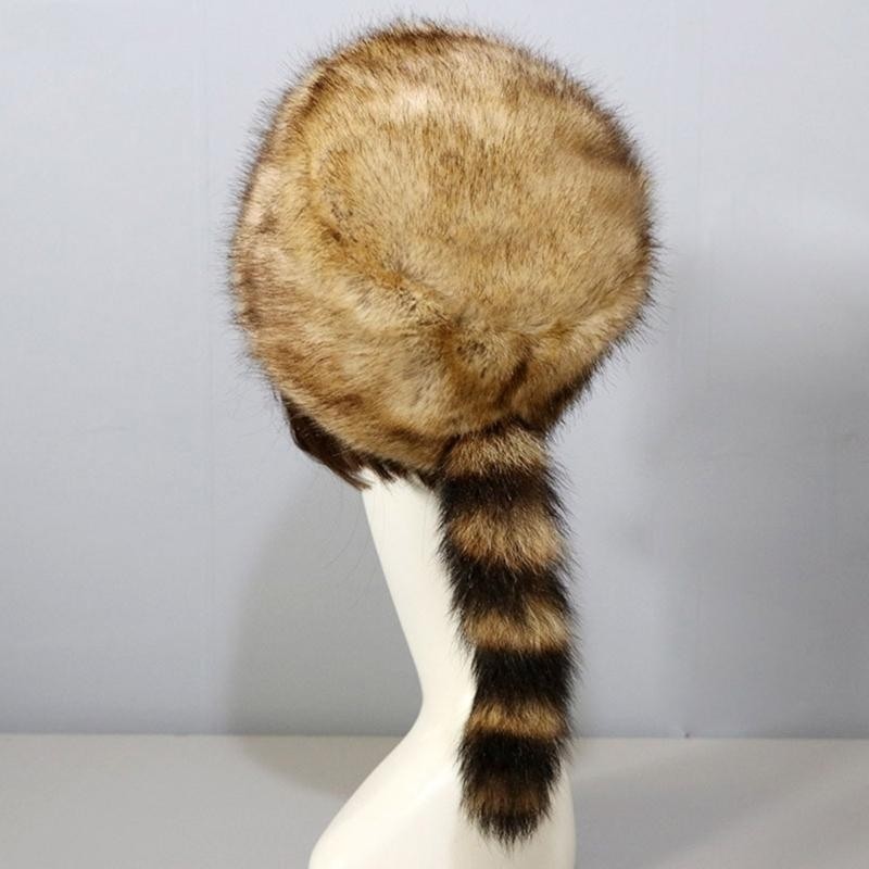 Plush Russian Flat Top Hat Winter Mongolian Hat Thicken Plush Raccoon Tail Hat for Adult Teens Keep