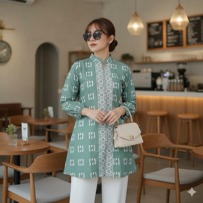 Shanaya Baju atasan batik wanita Tunik Lengan balon Sage green Zipper depan blouse elegan di pakai