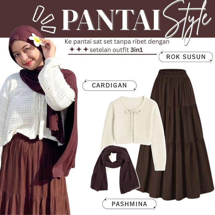 Ini Murah Outfit Pantai Wanita One Set Hijab Pashmina Ceruty & Cardigan Outer Jaring & Rok Susun