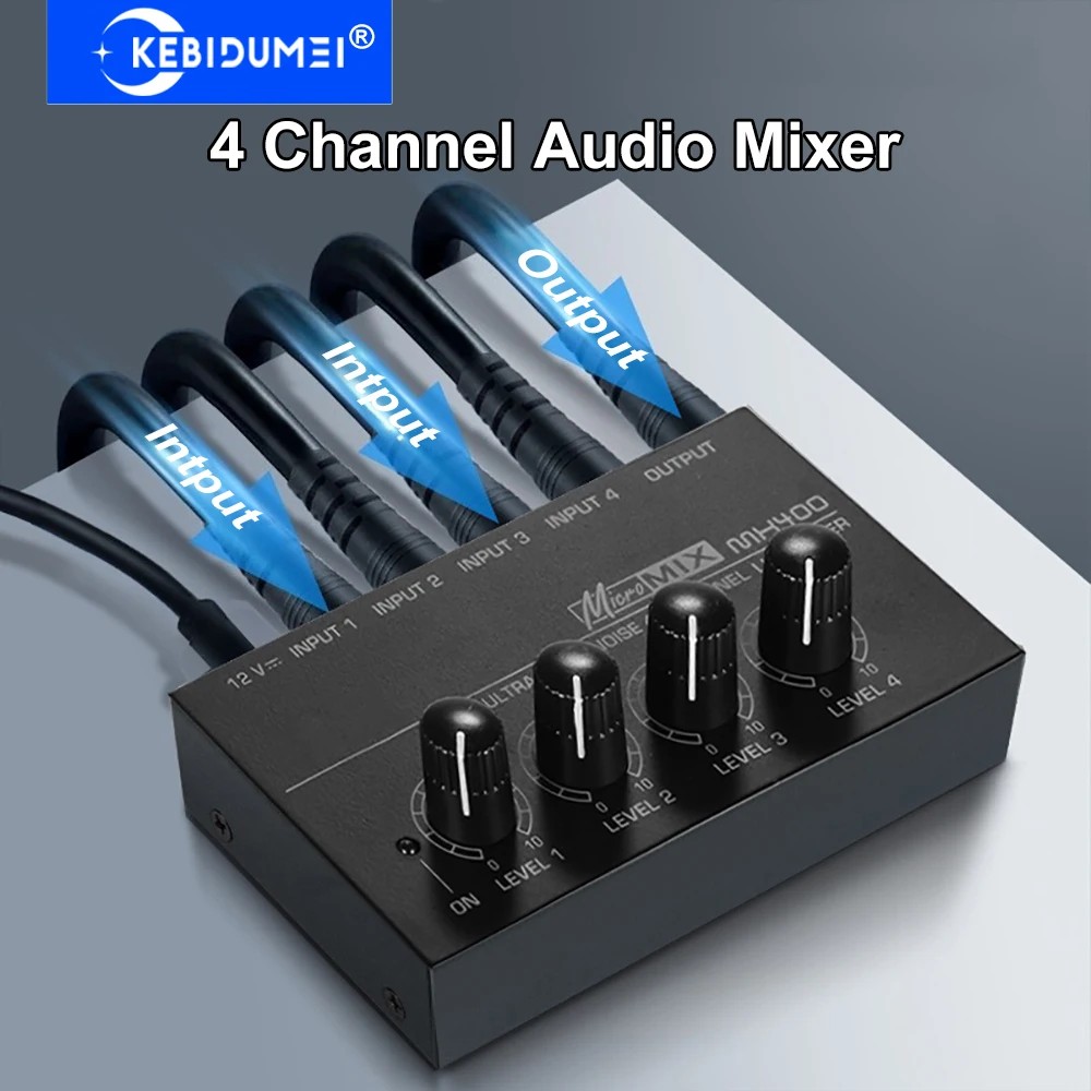 4 Channel Line Mixer Mini Sound Mixer DC 12V Easy Operation Audio Mixer Ultra Low Noise 4 Input 1