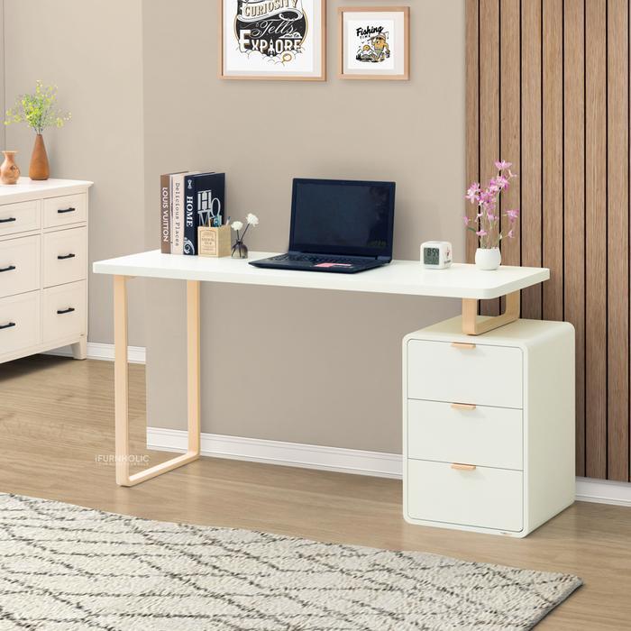 iFURNHOLIC Morgan Smart Table 100 + Cabinet - Meja Belajar kayu Minimalis dengan laci Serbaguna -